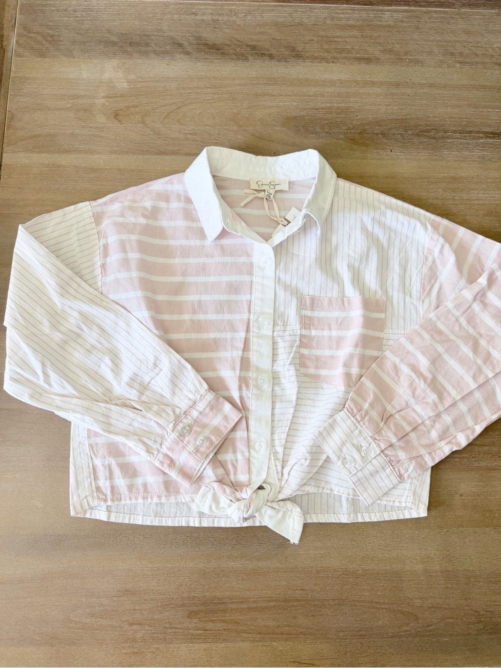 Jessica Simpson Girls Striped Tie-Front Button-Up Shirt White & Soft Pink NWT